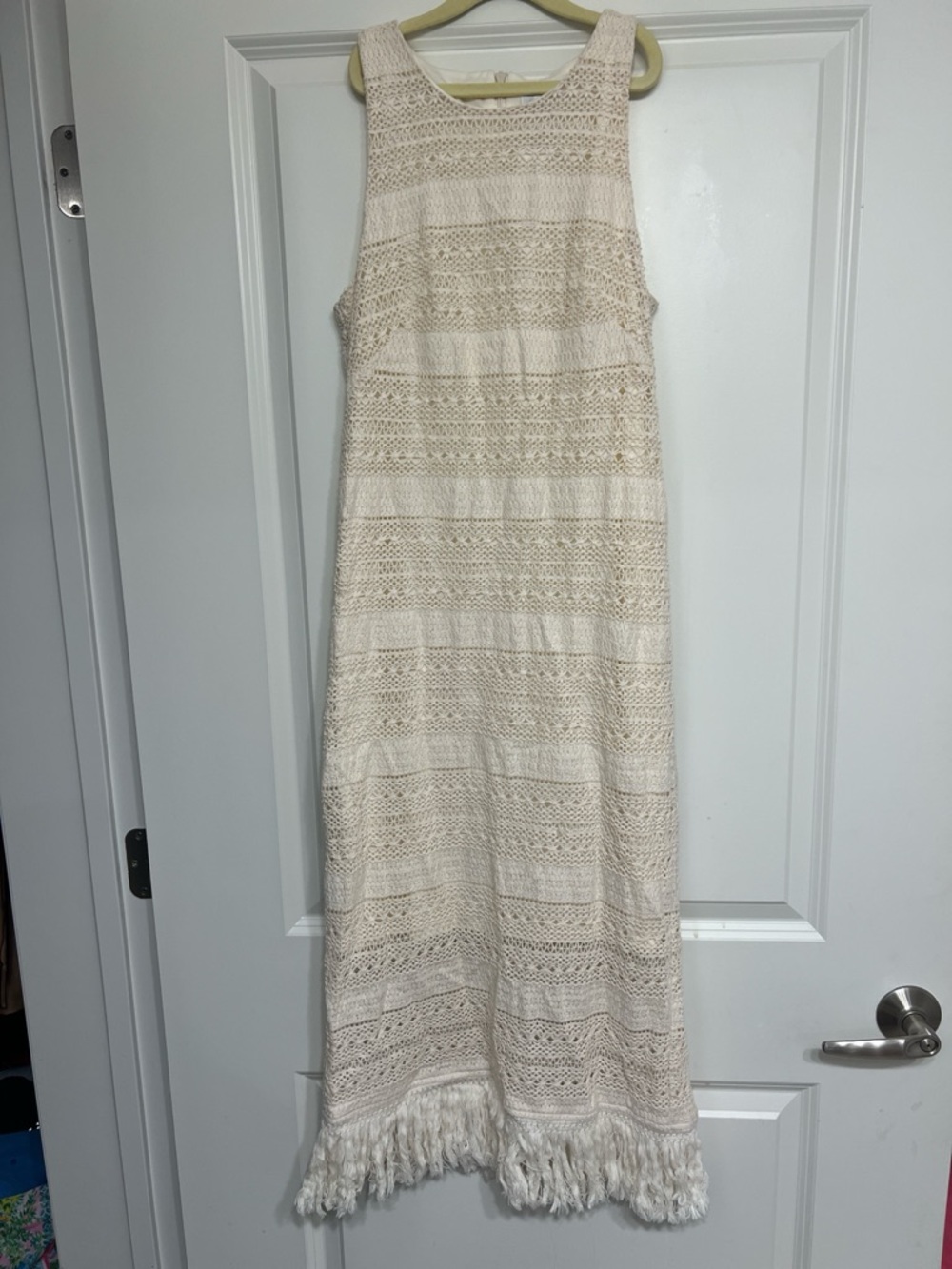 London Times Ivory Crochet Fringe Maxi Dress